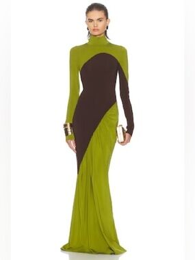 Helsa
The Abstraction Color Blocked Jersey Dress in Pistachio & Coffee Bean